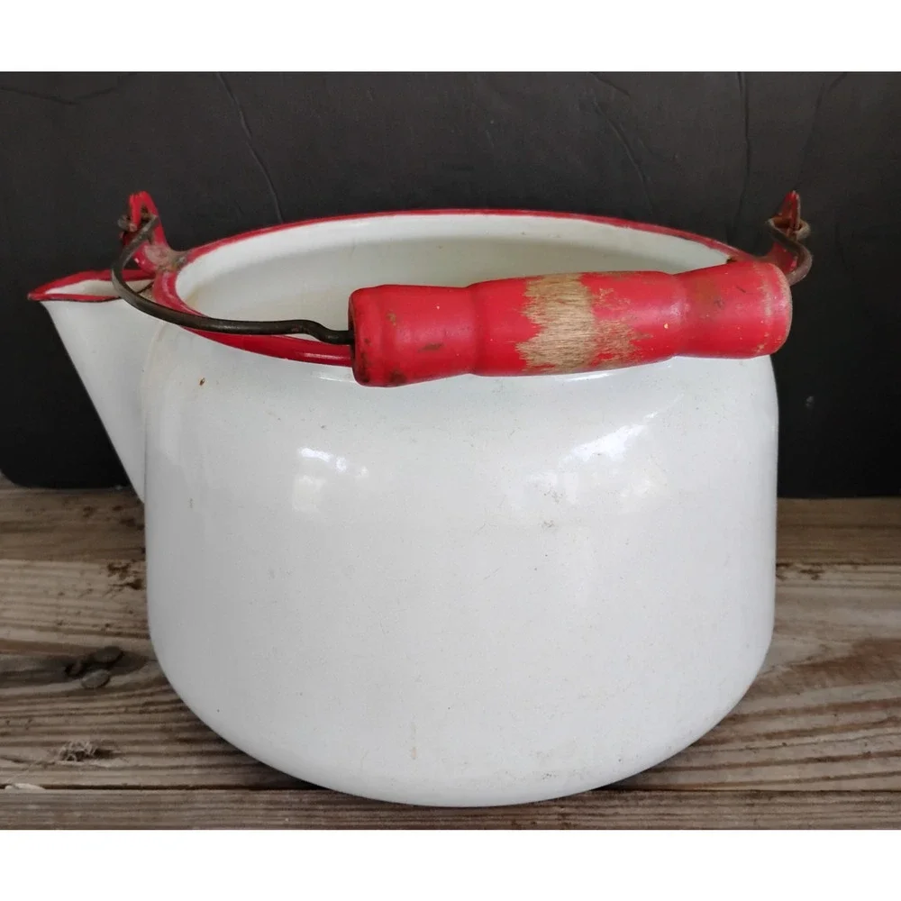 🏕️🚙Enamelware Kettle Coffee Pot White Red Wood Handle Farmhouse Camp Cowboy